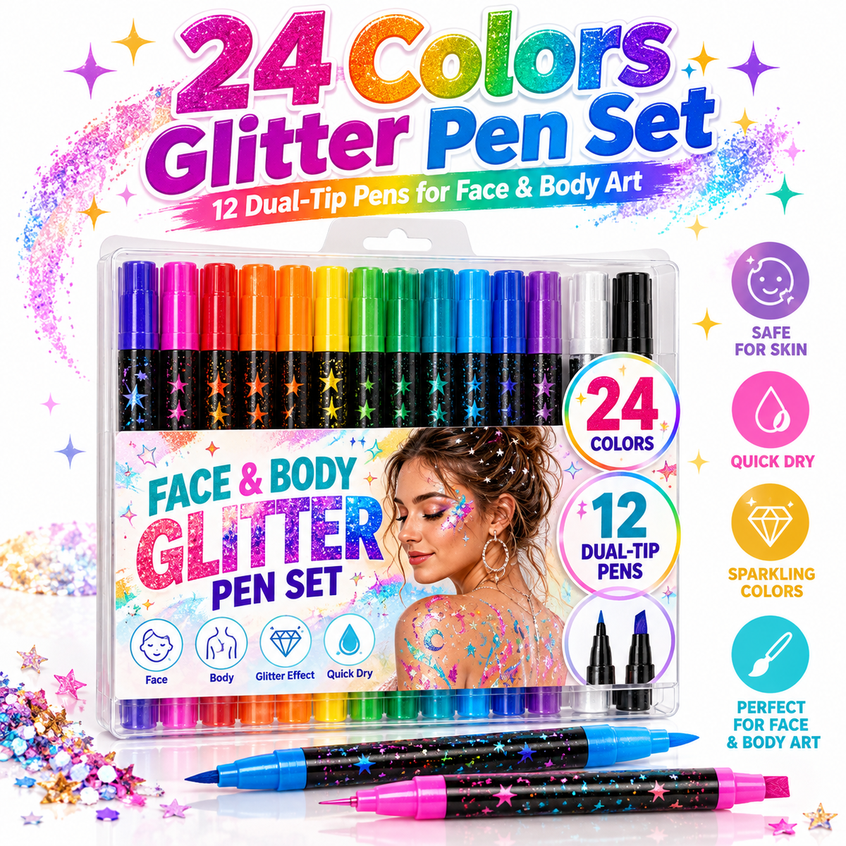 24 Colors Dual-Tip Glitter Face & Body Paint Pens – Festival & Party Makeup Set