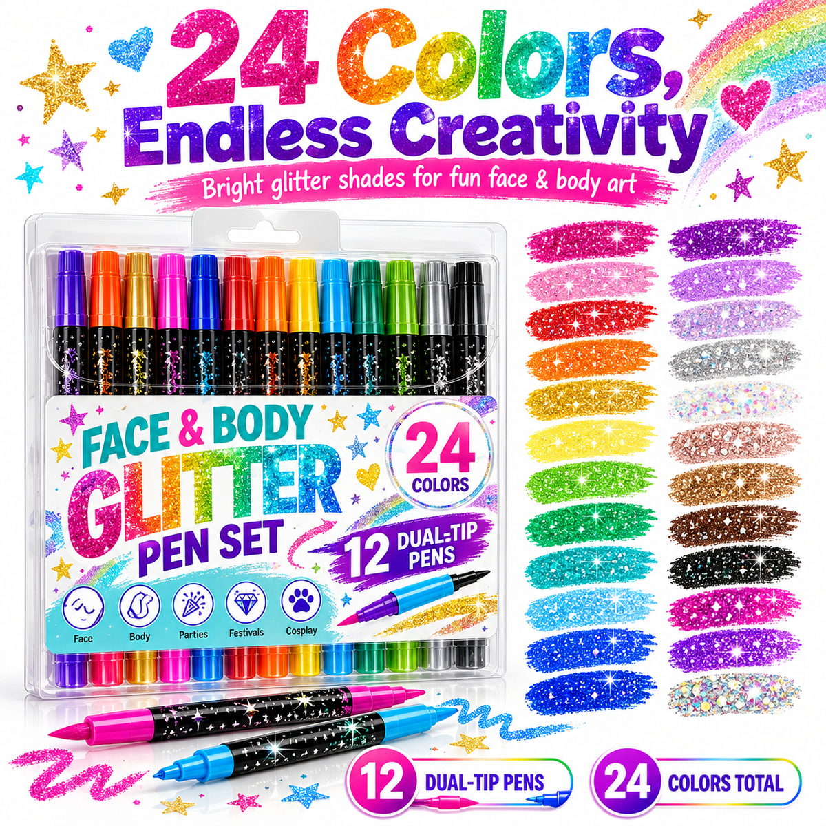 24 Colors Dual-Tip Glitter Face & Body Paint Pens – Festival & Party Makeup Set