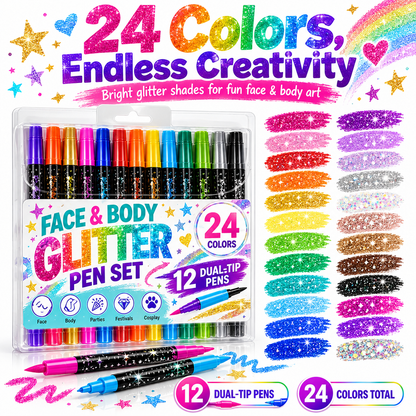 24 Colors Dual-Tip Glitter Face & Body Paint Pens – Festival & Party Makeup Set