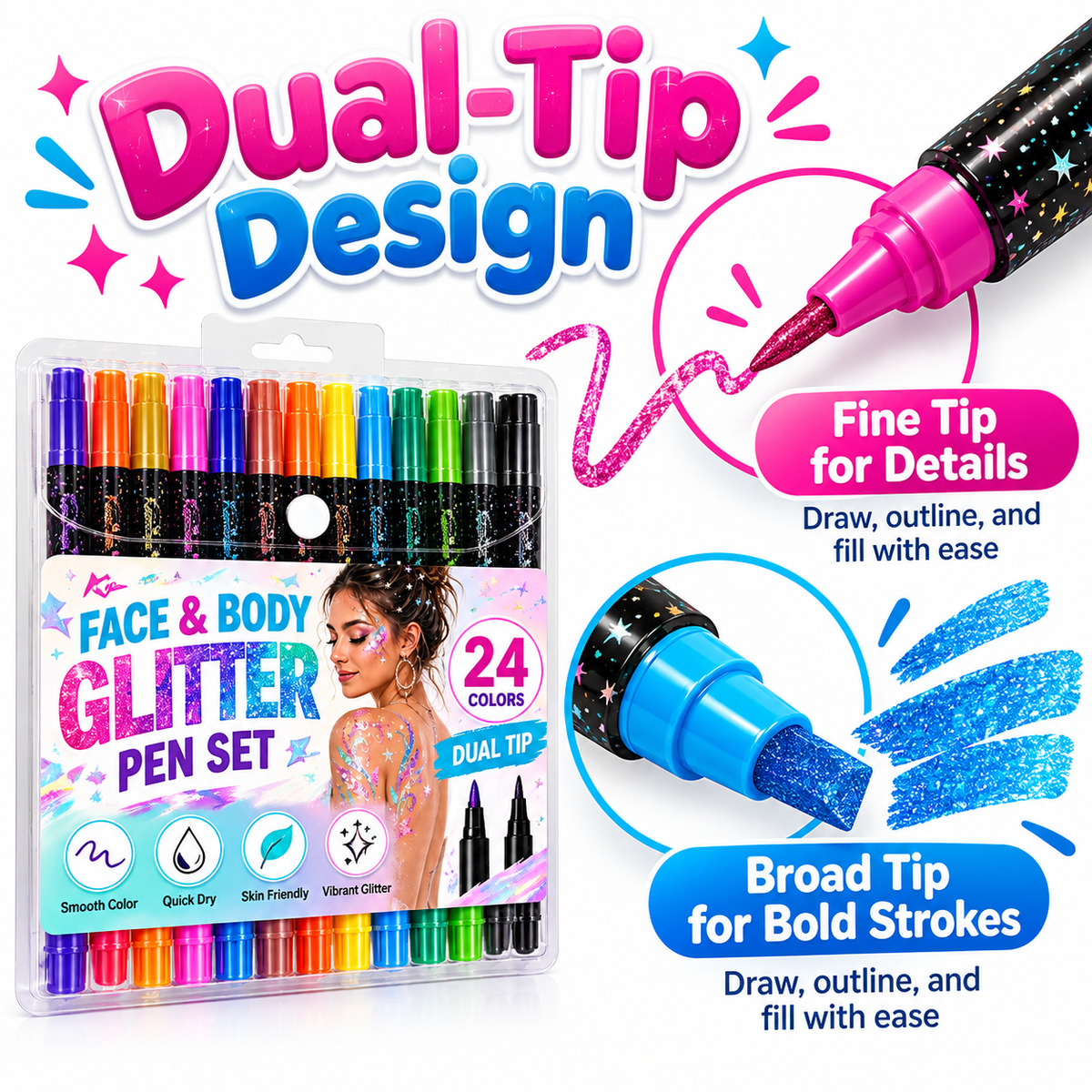 24 Colors Dual-Tip Glitter Face & Body Paint Pens – Festival & Party Makeup Set