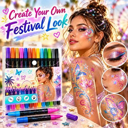 24 Colors Dual-Tip Glitter Face & Body Paint Pens – Festival & Party Makeup Set