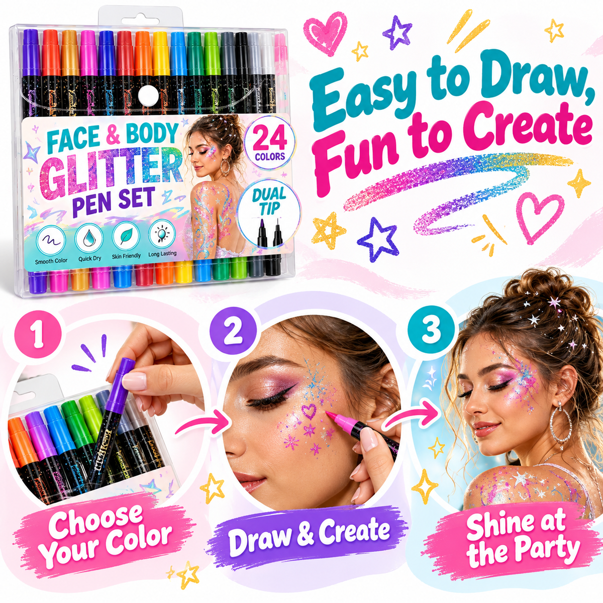 24 Colors Dual-Tip Glitter Face & Body Paint Pens – Festival & Party Makeup Set