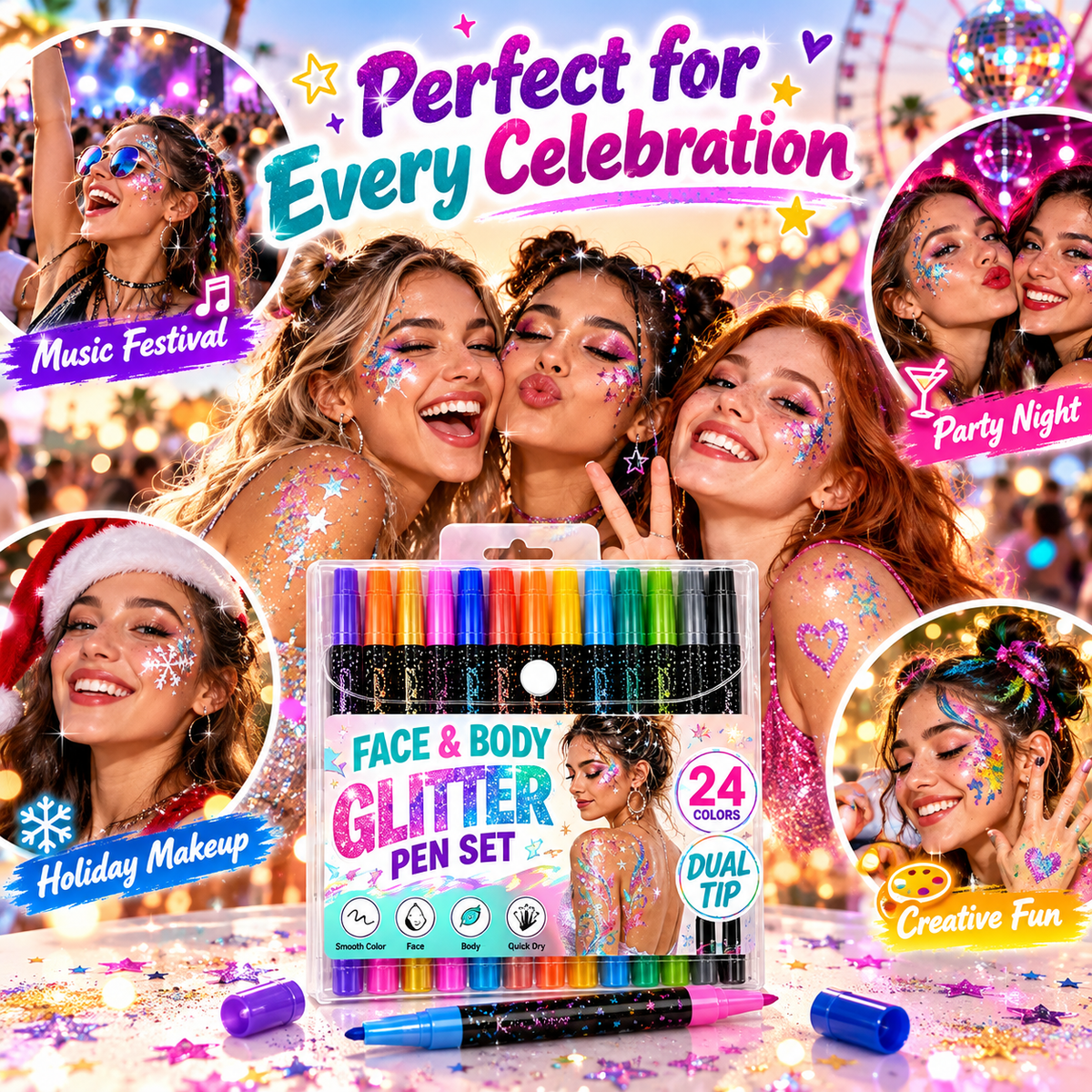 24 Colors Dual-Tip Glitter Face & Body Paint Pens – Festival & Party Makeup Set