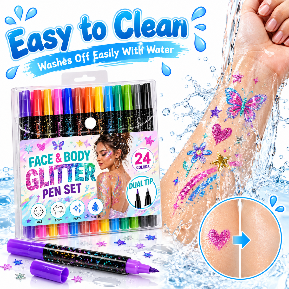 24 Colors Dual-Tip Glitter Face & Body Paint Pens – Festival & Party Makeup Set