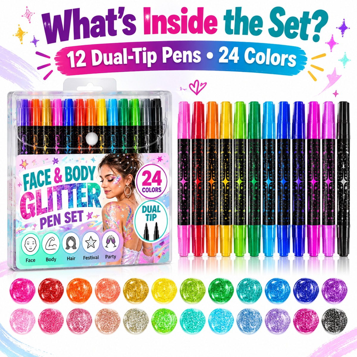 24 Colors Dual-Tip Glitter Face & Body Paint Pens – Festival & Party Makeup Set