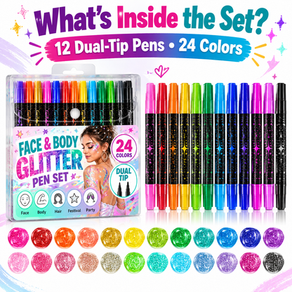 24 Colors Dual-Tip Glitter Face & Body Paint Pens – Festival & Party Makeup Set